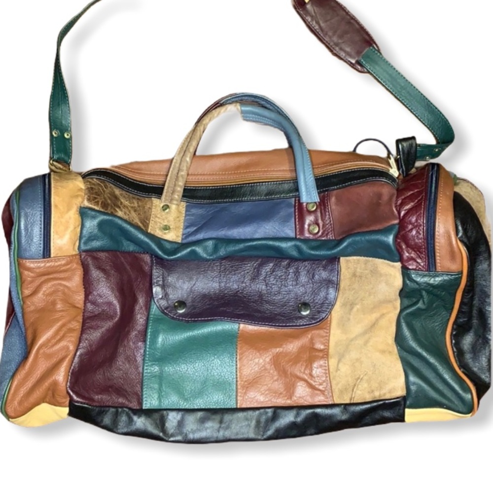 😍 Vintage 100% leather Handmade patchwork duffel